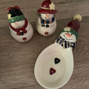 Vintage Vigor Snowman Salt & Pepper Shaker Set w/Spoon Rest